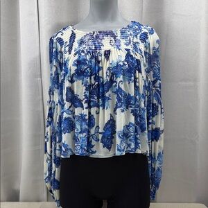 Free People Blue and Cream Floral Blouse